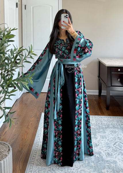 Black/Blue Floral&nbsp;Long Full Embroidered Thobe