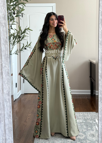 Sage/Olive Green Simple Floral Long Embroidered Thobe/Dress