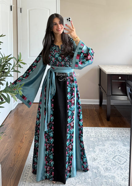 Black/Blue Floral&nbsp;Long Full Embroidered Thobe