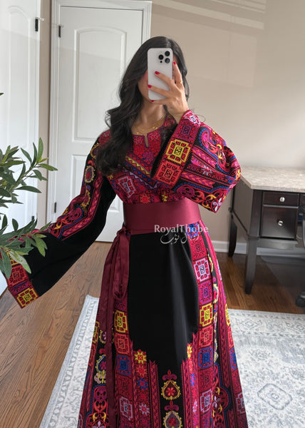 Black Colorful Maleka Full Embroidered Thobe