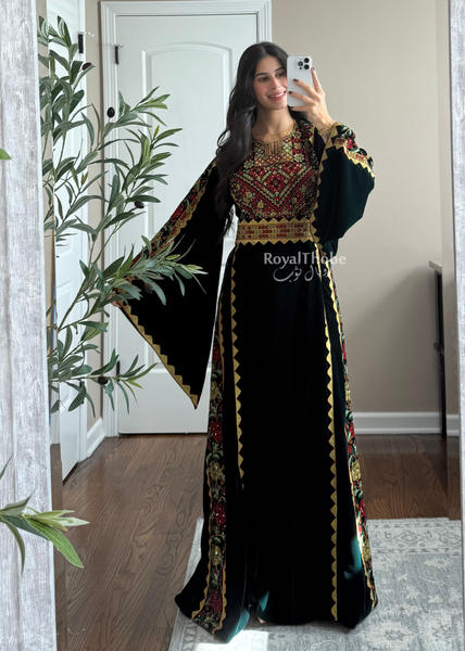 Velvet Olive Green Simple Floral Long Embroidered Thobe/Dress
