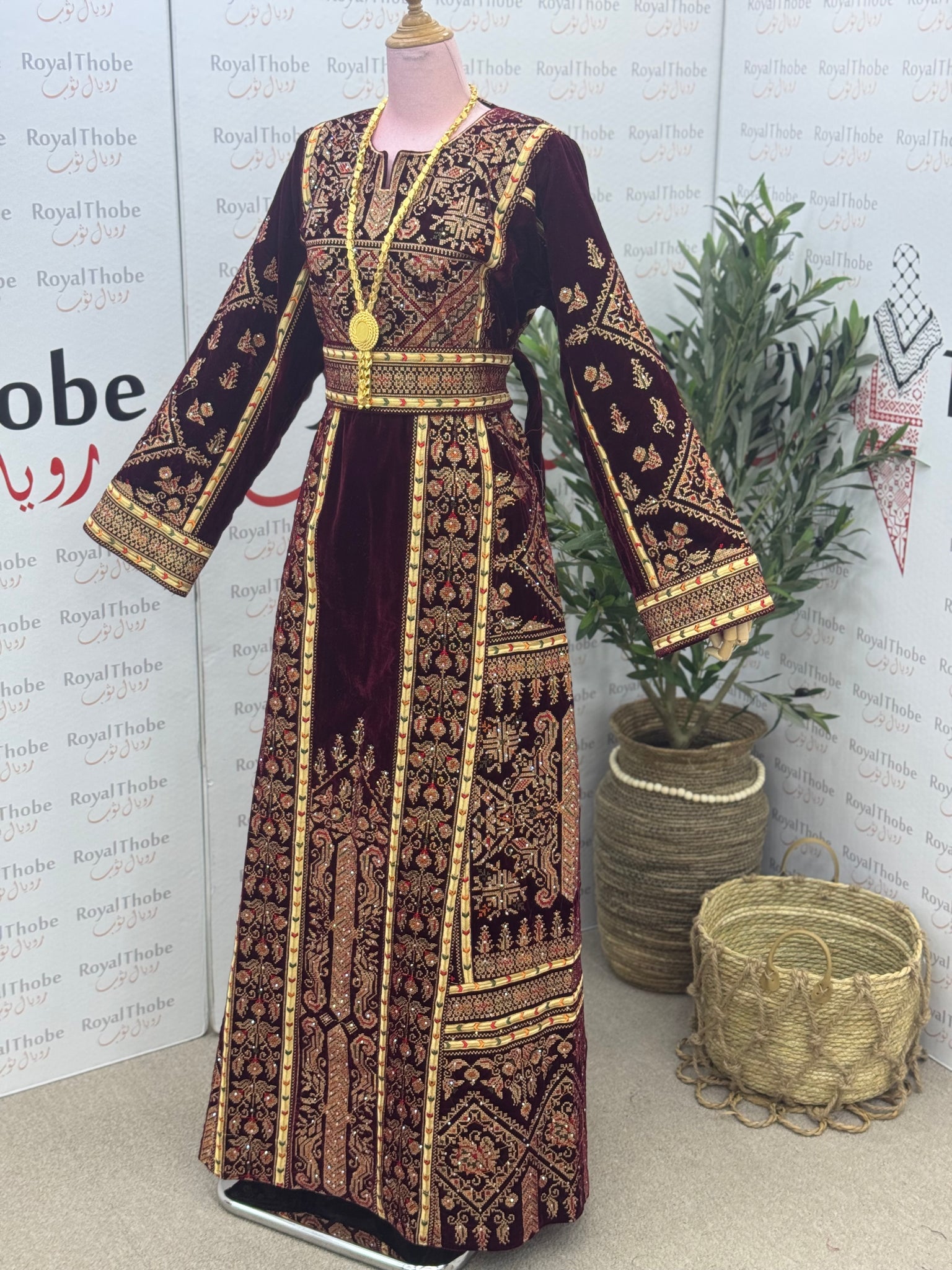 Velvet Burgundy/Gold Modern Long Full Embroidered Thobe