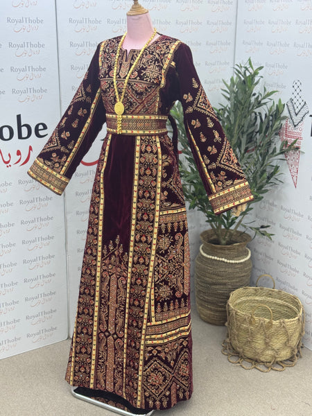 Velvet Burgundy/Gold Modern Long Full Embroidered Thobe