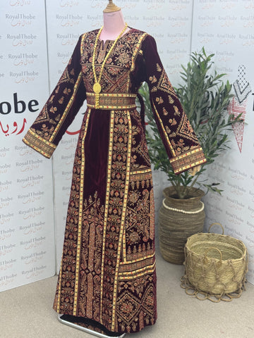 Velvet Burgundy/Gold Modern Long Full Embroidered Thobe