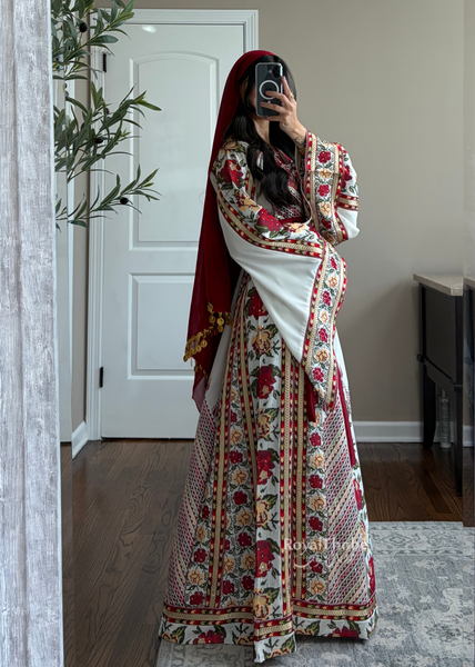 Bridal White/ Red and Gold Kasab Floral Full Embroidered Thobe And Shaleh Included