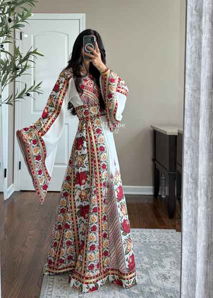 Bridal White/ Red and Gold Kasab Floral Full Embroidered Thobe And Shaleh Included