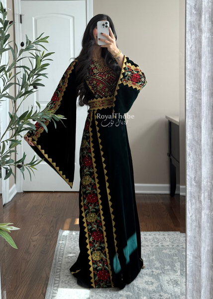 Velvet Olive Green Simple Floral Long Embroidered Thobe/Dress