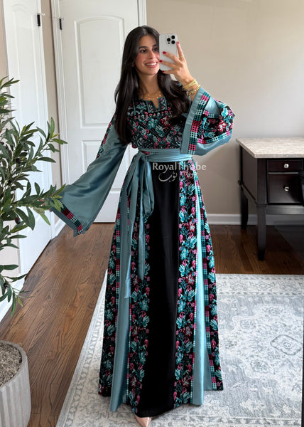 Black/Blue Floral&nbsp;Long Full Embroidered Thobe