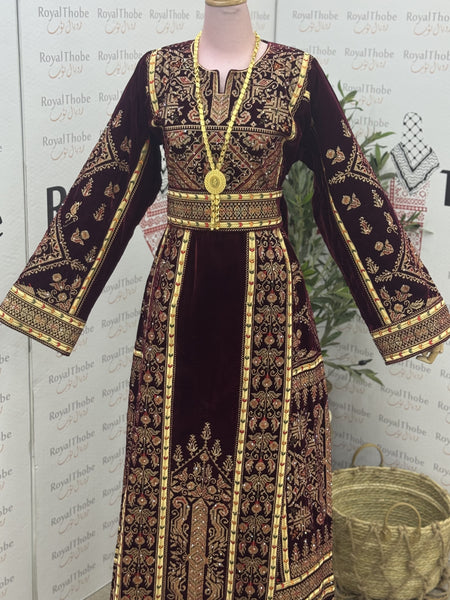 Velvet Burgundy/Gold Modern Long Full Embroidered Thobe