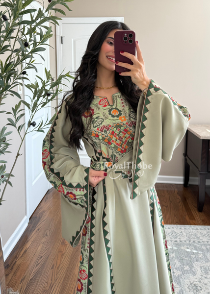 Sage/Olive Green Simple Floral Long Embroidered Thobe/Dress