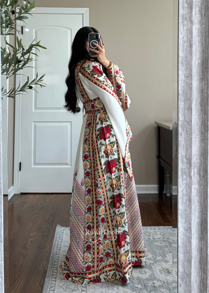 Bridal White/ Red and Gold Kasab Floral Full Embroidered Thobe And Shaleh Included