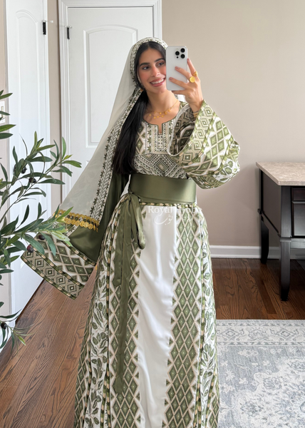 White/ Olive Green Zaytona Full Embroidered Thobe