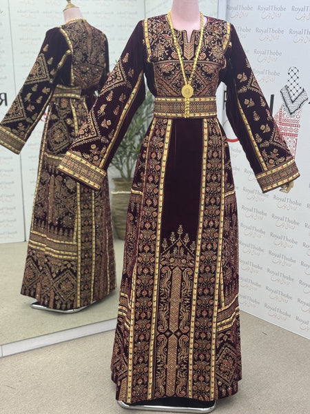 Velvet Burgundy/Gold Modern Long Full Embroidered Thobe
