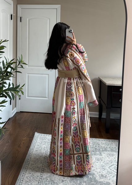 Cream/ Beige Colorful Maleka Full Embroidered Thobe