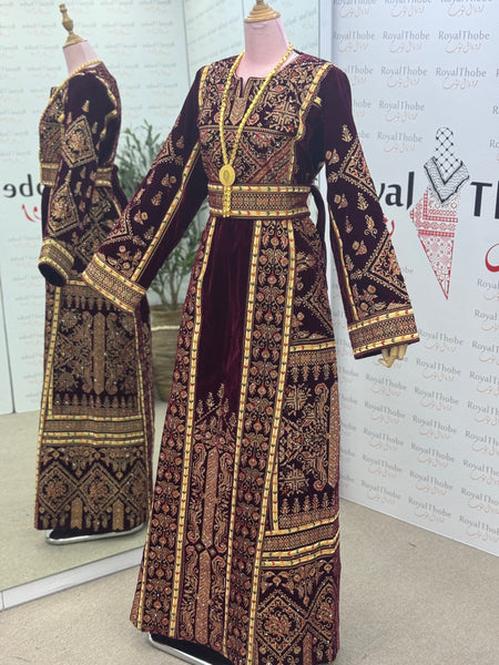 Velvet Burgundy/Gold Modern Long Full Embroidered Thobe