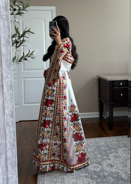 Bridal White/ Red and Gold Kasab Floral Full Embroidered Thobe And Shaleh Included