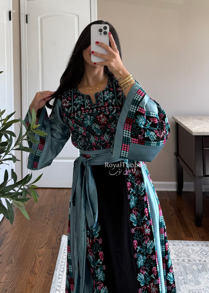 Black/Blue Floral&nbsp;Long Full Embroidered Thobe