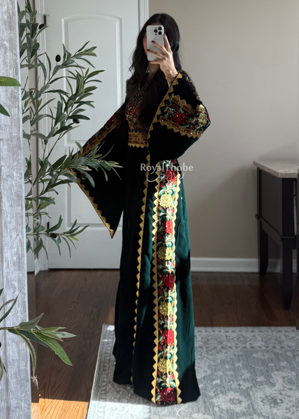 Velvet Olive Green Simple Floral Long Embroidered Thobe/Dress