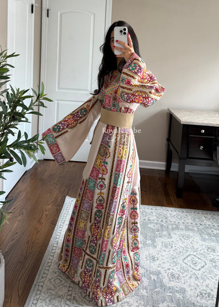 Cream/ Beige Colorful Maleka Full Embroidered Thobe