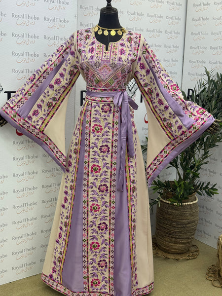 Beige / Lavender Floral Long Full Embroidered Thobe