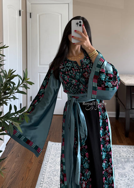 Black/Blue Floral&nbsp;Long Full Embroidered Thobe