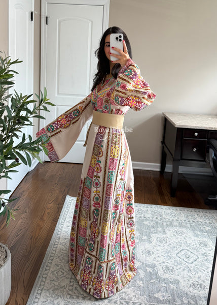 Cream/ Beige Colorful Maleka Full Embroidered Thobe