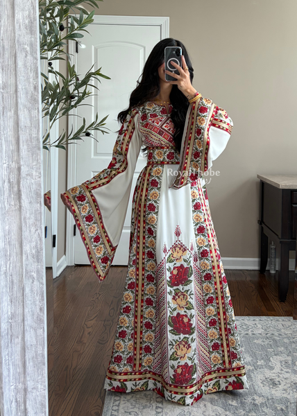 Bridal White/ Red and Gold Kasab Floral Full Embroidered Thobe And Shaleh Included