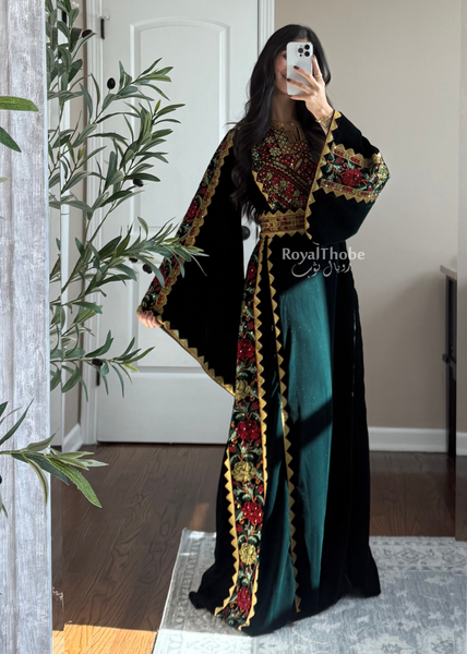 Velvet Olive Green Simple Floral Long Embroidered Thobe/Dress