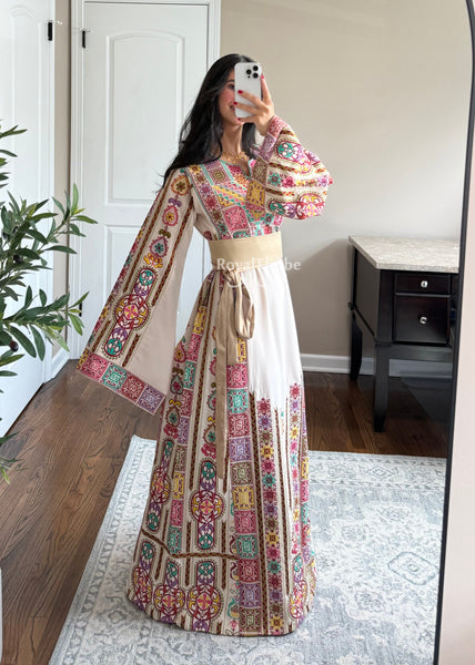 Cream/ Beige Colorful Maleka Full Embroidered Thobe