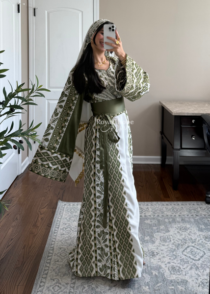 White/ Olive Green Zaytona Full Embroidered Thobe