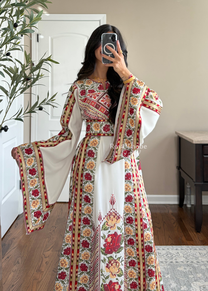 Bridal White/ Red and Gold Kasab Floral Full Embroidered Thobe And Shaleh Included