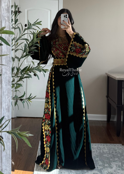 Velvet Olive Green Simple Floral Long Embroidered Thobe/Dress