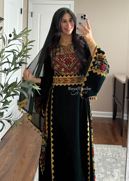 Velvet Olive Green Simple Floral Long Embroidered Thobe/Dress