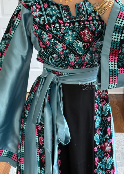 Black/Blue Floral&nbsp;Long Full Embroidered Thobe