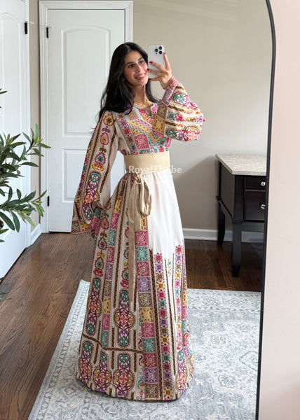 Cream/ Beige Colorful Maleka Full Embroidered Thobe