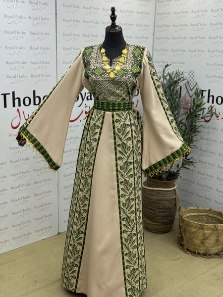 Beige & Olive Green Zaytona Long Full Embroidered Thobe
