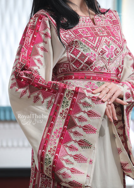 Beige/Burgundy Elegant Long Full Embroidered Thobe