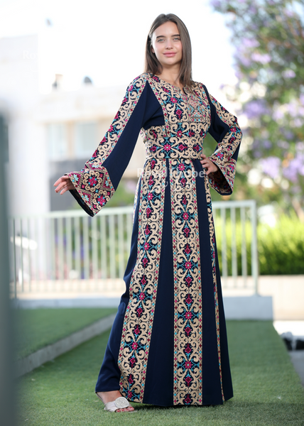 Navy Blue Simple 6 Lines Flower Full Embroidered Thobe