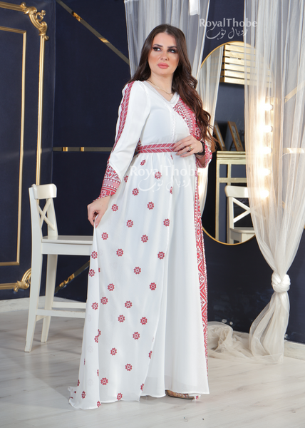 White/Red Modern Asymmetric Neck Style Full Embroidered Dress