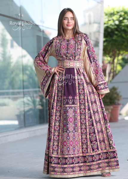 Purple/Beige Long Full Embroidered Thobe With Reversible Beige Satin Belt