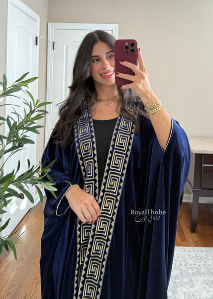 Navy Blue Velvet Kasab Gold Squares Bisht  -Free Size