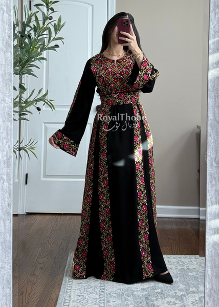 Black/Olive Green Elegant Floral Full Embroidered Thobe