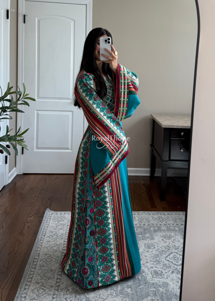 Turquoise Majdlawe Kasab Long Full Embroidered Thobe