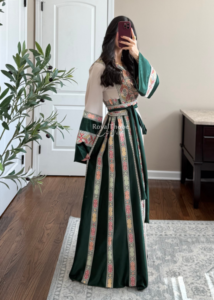 Beige/Olive Green Simple Full Embroidered Thobe