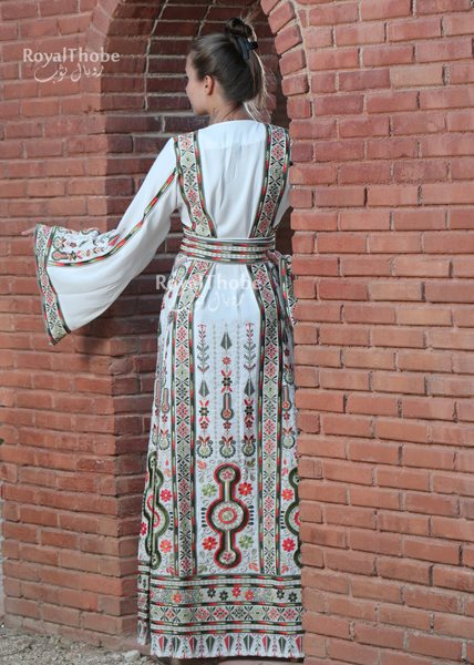 New White/Green Flower Maleka Long Full Embroidered Thobe