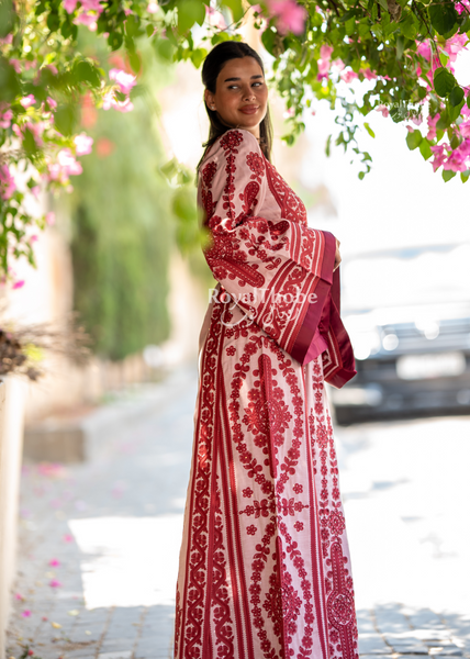 Pink Floral Maleka Long Full Embroidered Thobe.