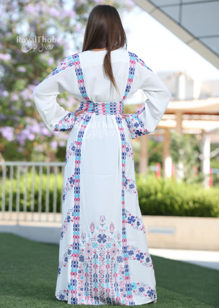 White/Blue Simple Flower Long Full Embroidered Thobe