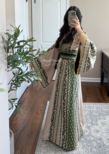 Beige/ Olive Green Zaytona Branches Full Embroidered Thobe With Fringe Sleeves