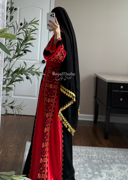 Black/Red Classic Simple Satin Long Full Embroidered Thobe