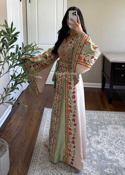 Beige/Sage Floral Long Full Embroidered Thobe